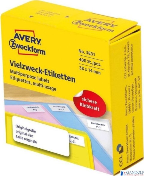 Białe minietykiety w dyspenserach do opisywania ręcznego, 400 etyk./op., 38 x 14 mm, białe, AVERY ZWECKFORM, 3831 Białe minietykiety w dyspenserach do opisywania ręcznego, 400 etyk./op., 38 x 14 mm, białe, AVERY ZWECKFORM, 3831