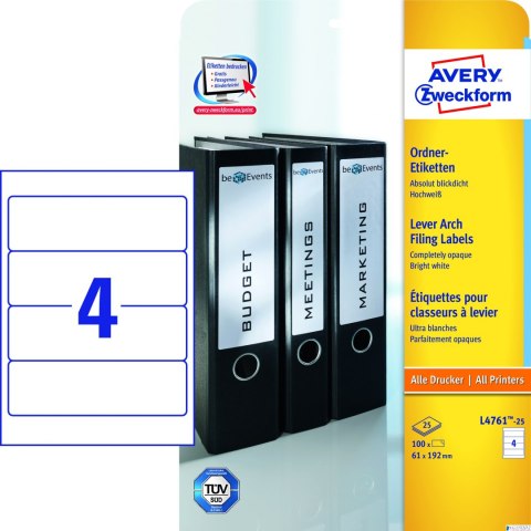 Recyklingowane etykiety na segregatory, A4, 10 ark./op.,61 x 192 mm, białe, AVERY ZWECKFORM, LR4761-10 Recyklingowane etykiety na segregatory, A4, 10 ark./op.,61 x 192 mm, białe, AVERY ZWECKFORM, LR4761-10