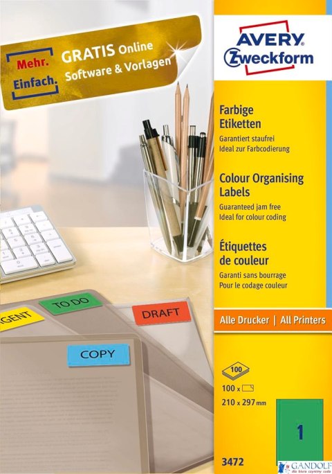 Trwałe etykiety zielone 3472 210 x 297 100 ark. Avery Zweckform