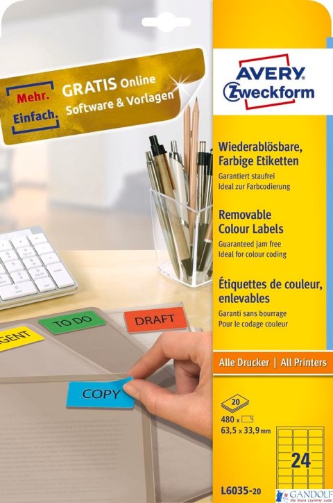 Etykiety żółte L6035-20 63,5 x 33,9 20 ark. usuwalne Avery Zweckform