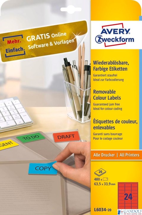 Etykiety czerwone L6034-20 63,5 x 33,9 20 ark. usuwalne Avery Zweckform