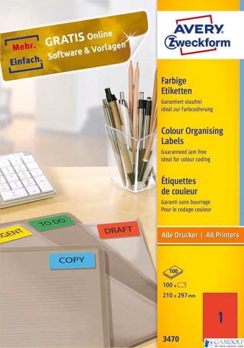 Etykiety czerwone 3470 210 x 297 100 ark. trwałe, Avery Zweckform