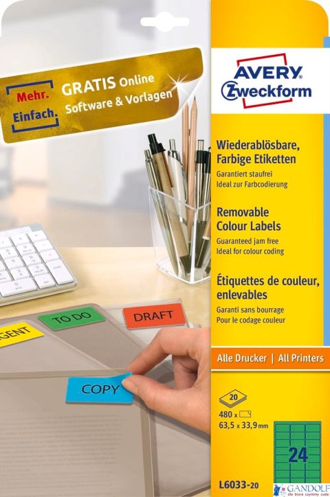 Etykiety zielone L6033-20 63,5 x 33,9 20 ark. usuwalne, Avery Zweckform