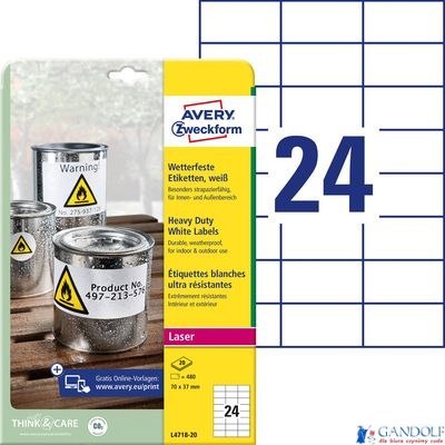 Etykiety Heavy Duty, A4, 20 ark./op.70 x 37 mm, białe, poliestrowe, AVERY ZWECKFORM, L4718-20